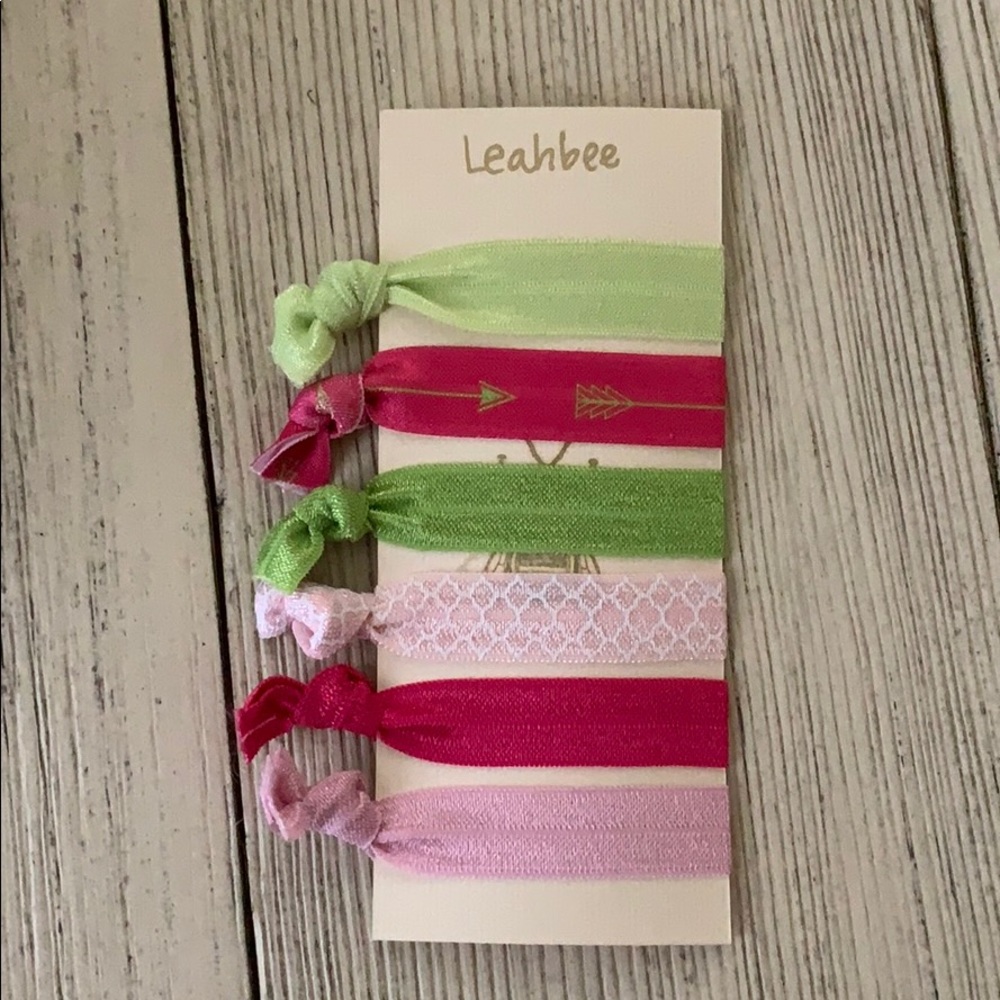 Pink and green elastic hair tie set